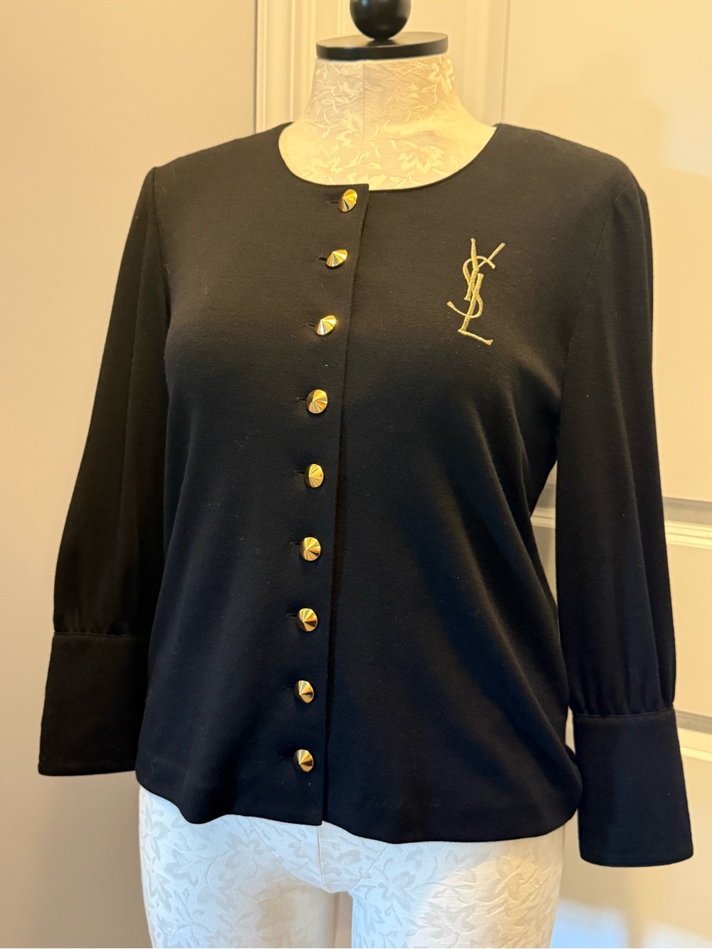 Yves Saint Laurent Black Knit Button-Front Top with Gold YSL Logo